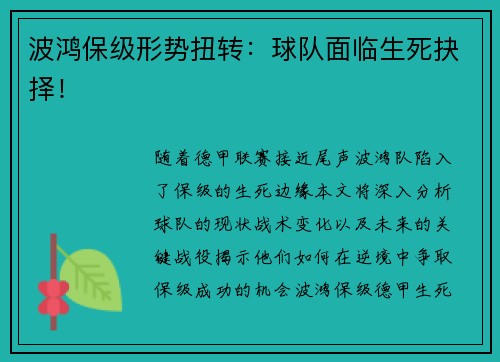 波鸿保级形势扭转：球队面临生死抉择！